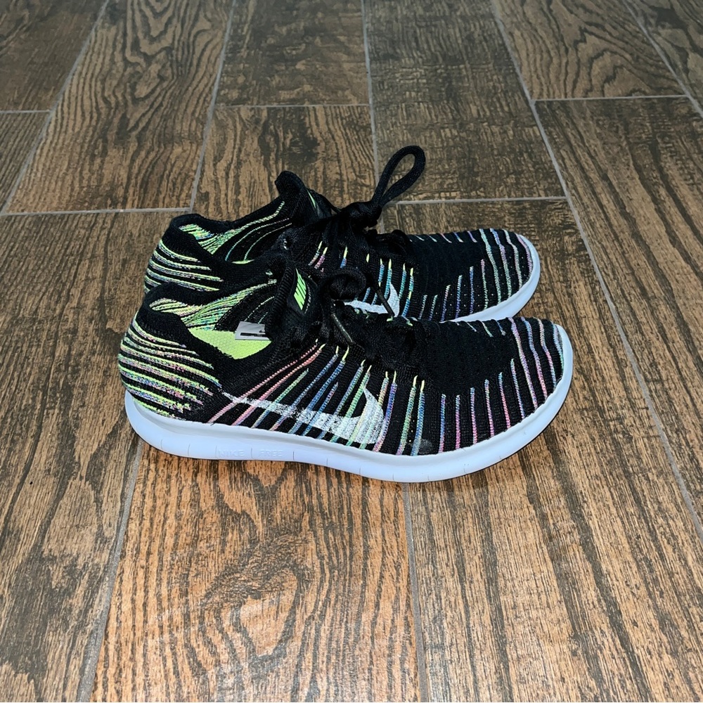Womens Nike Free RN Flyknit Black Multicolor Running Shoes Sz. 8